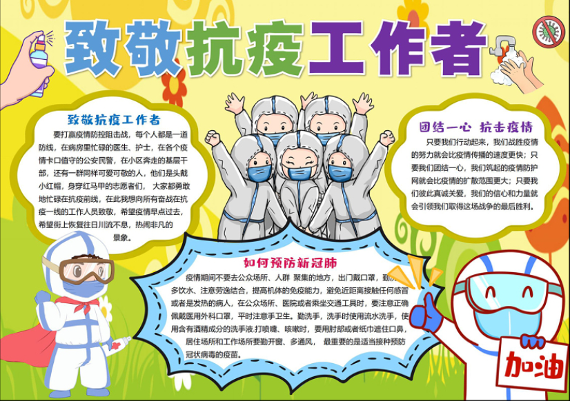 致敬抗疫工作者手抄报清新插画风团结一心抗击疫情小报模板下载