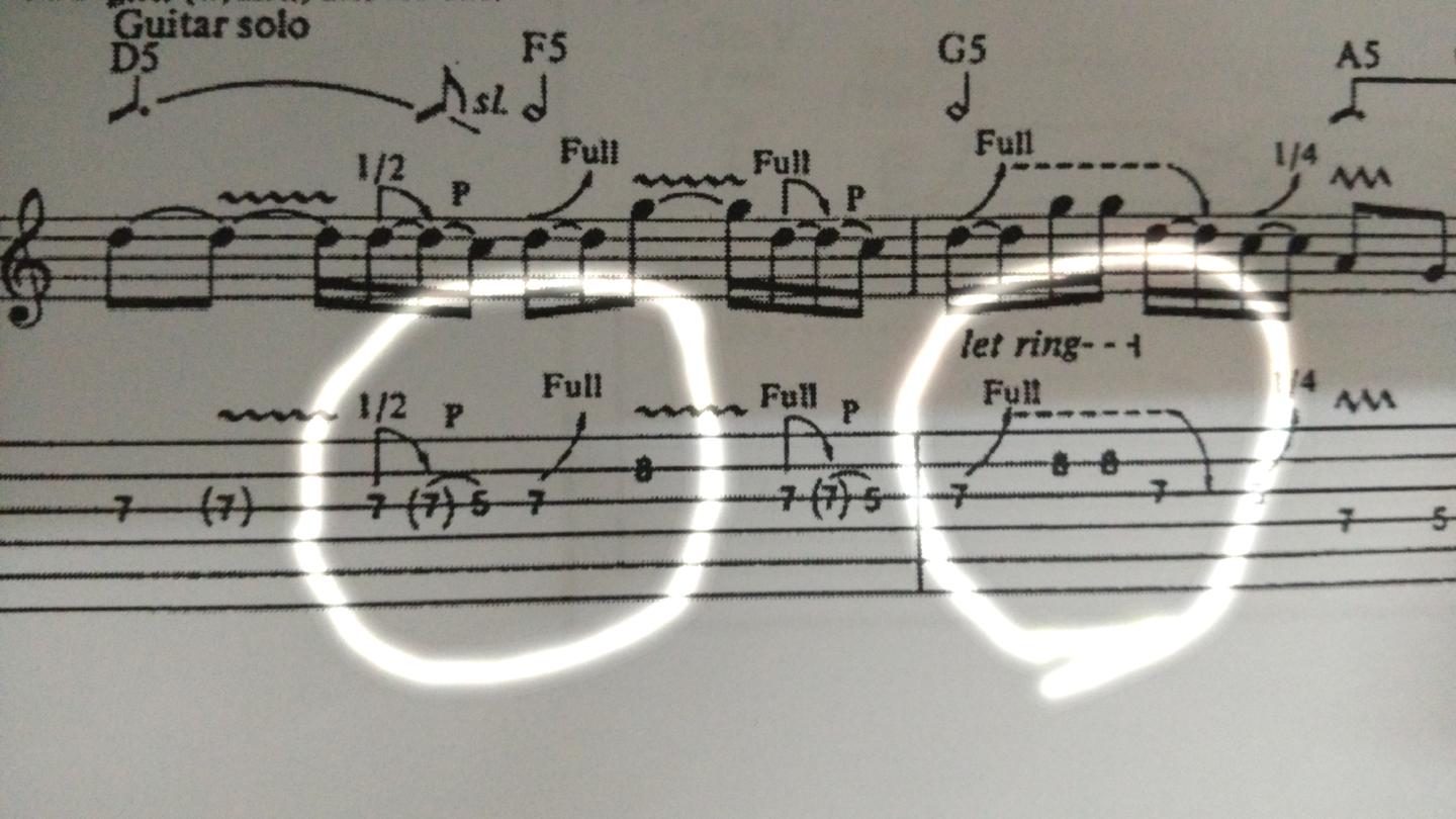 请问如图六线谱中上升的弧线箭头加英文full或数字1/2怎么弹？ - 洞天福地的回答- 知乎