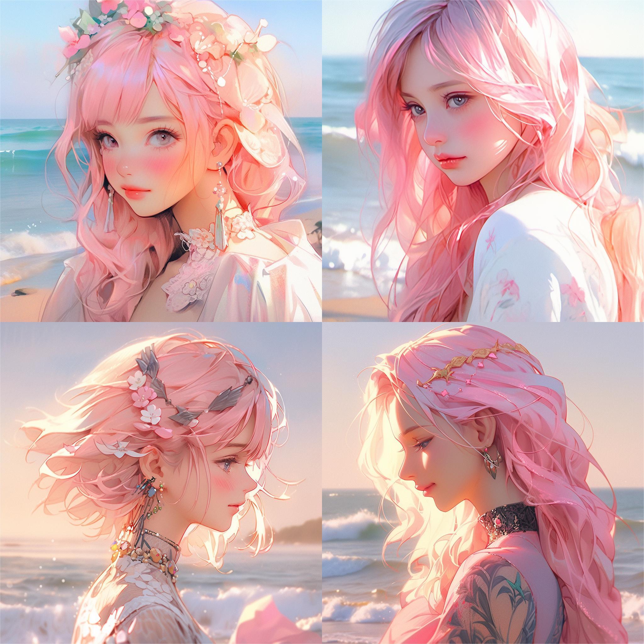 不同ai生图对比粉色头发的妹子关键词海边的粉发女孩二次元画风半身