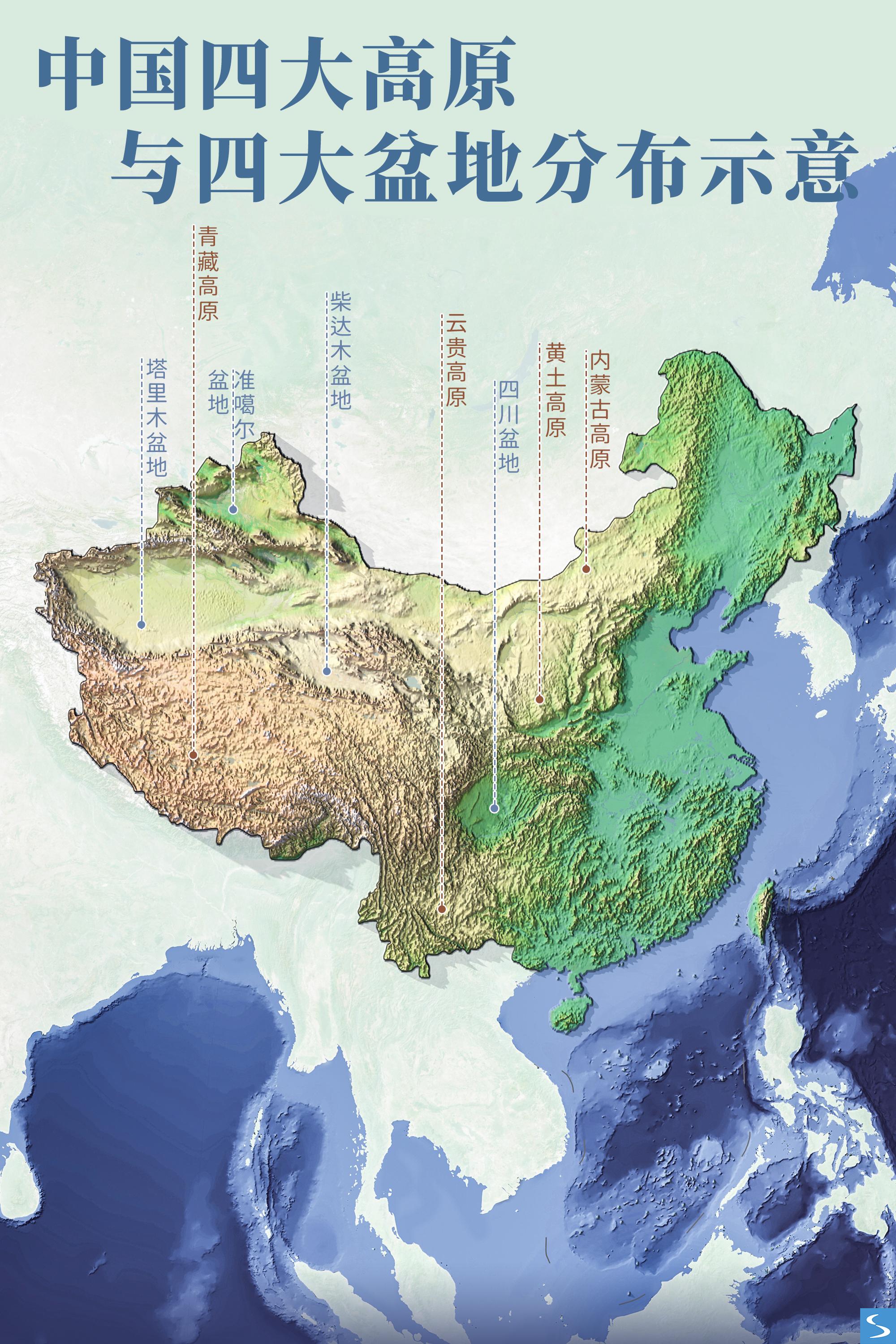 山河集 的想法: 中国四大高原与四大盆地分布示意 | 青藏高原,云贵