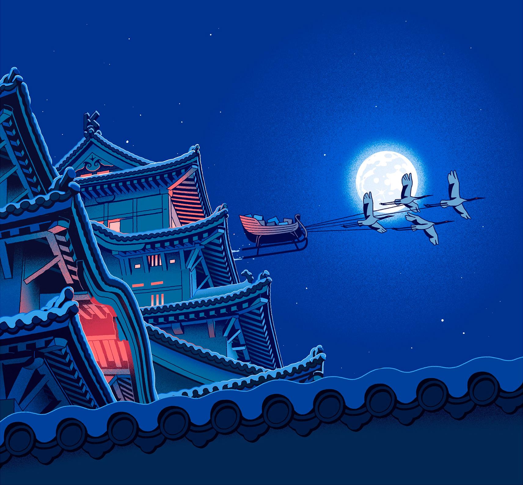 没又鱼丸 的想法: 红蓝色系日式和风场景人物插画设计