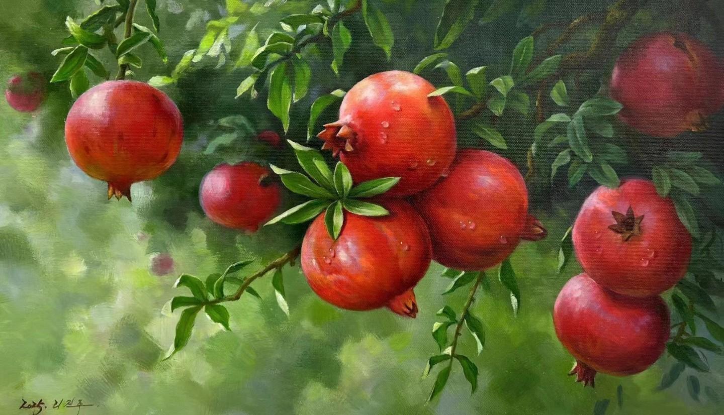 朝鲜画家创作基地 的想法: 朝鲜油画《丹榴映翠》