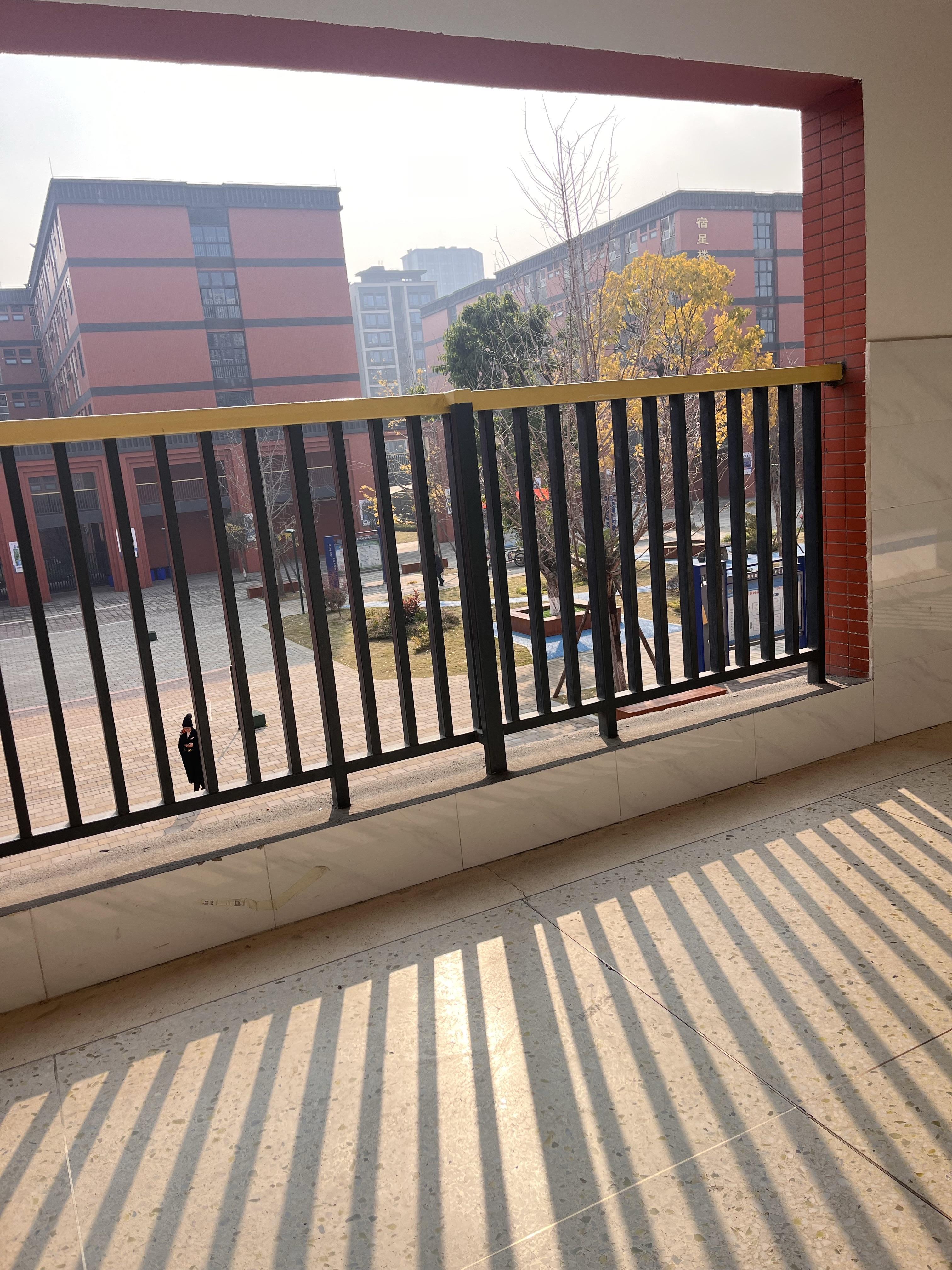 阳光洒满整个走廊,栏杆的影子把走廊分成小格子