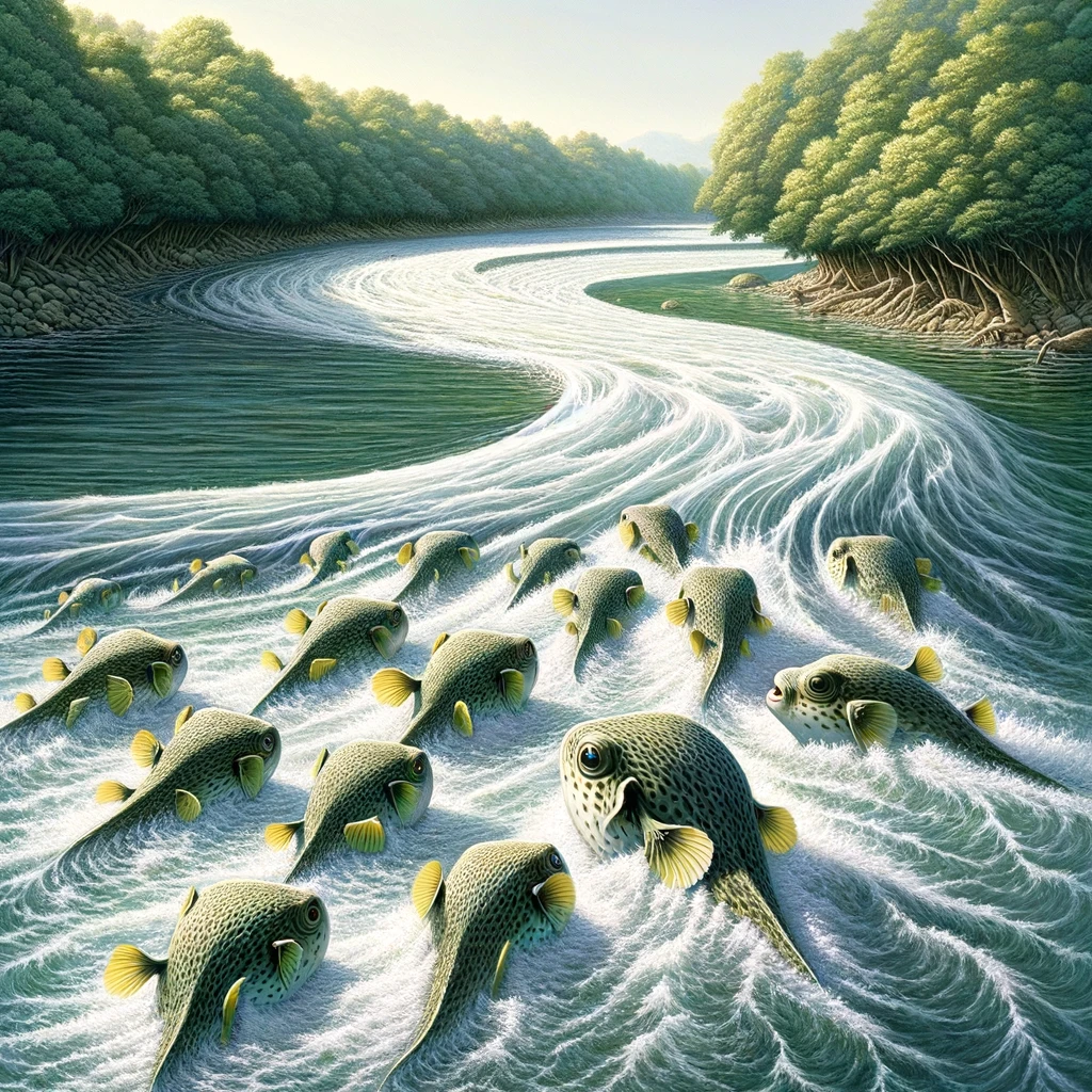 ai文艺复兴大赛#ai复现古诗文场景河流的风景,几条河豚逆流而上,若隐