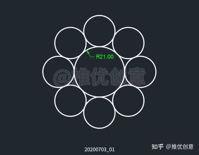 CAD：一个大圆半径为21周边阵列8个小圆，小圆同时相切并跟大圆相切怎么画？ - 知乎