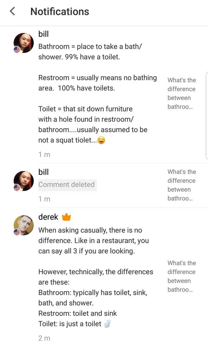 请问 bathroom 、restroom 、toilet 区别是什么？分别怎么使用？ - 知乎