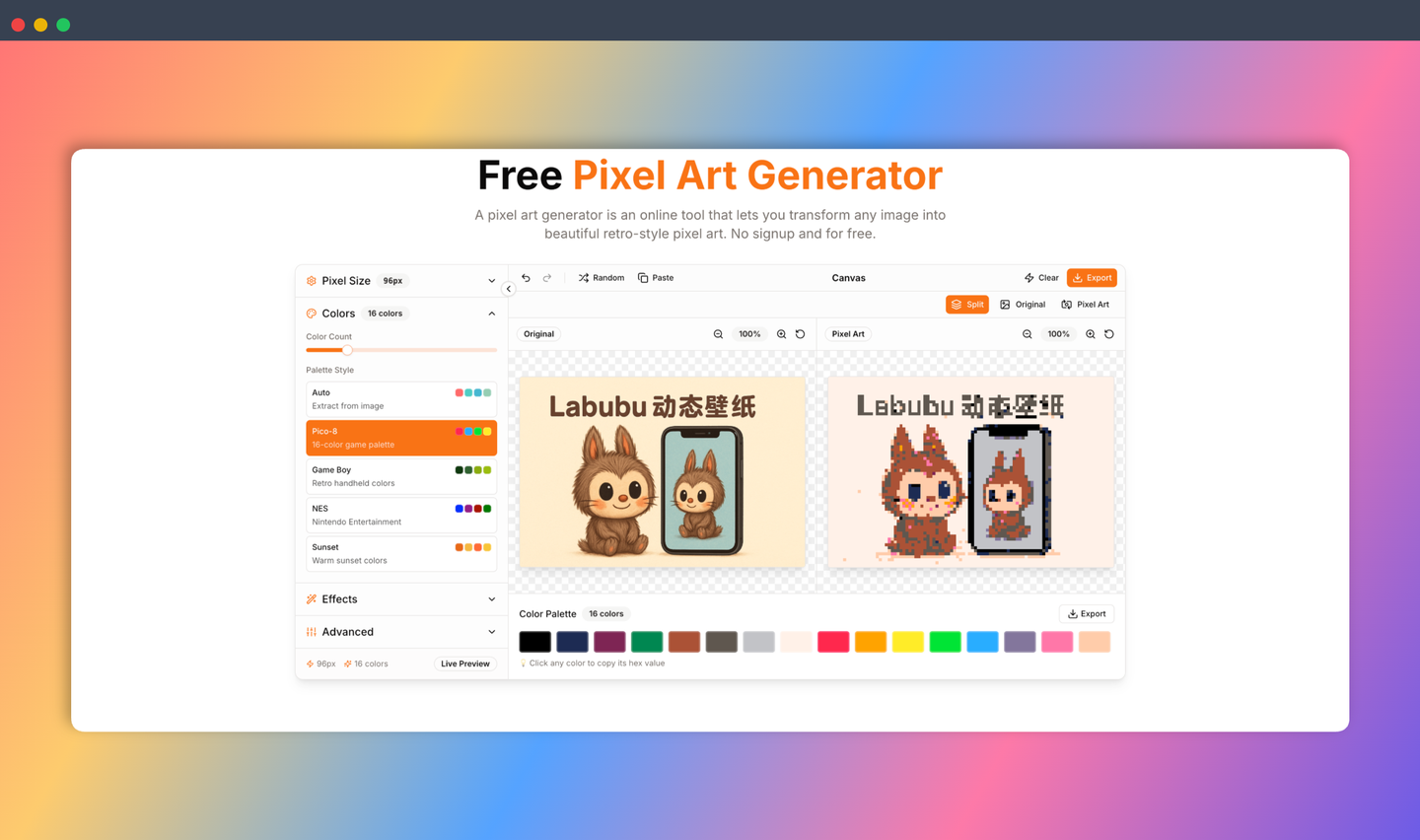 ImgToPixel.art：免费在线像素艺术生成器，简单几步就能将任何图片转换成精美的复古像素艺术作品
