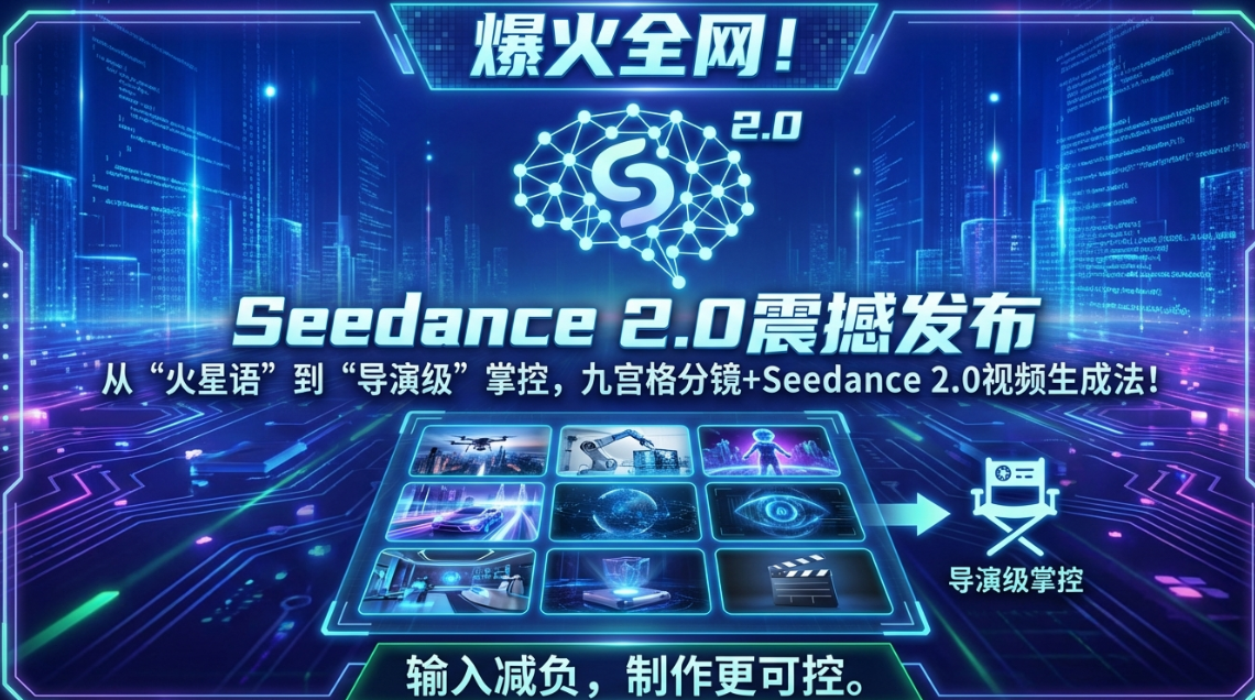 爆火全网！Seedance 2.0 震撼发布：从“听不懂人话”到“导演级”控制，九宫格分镜+Seedance 2.0视频生成法！减少输入让制作更可控
