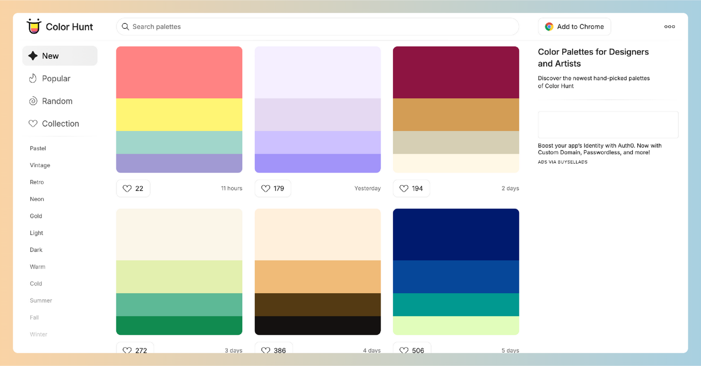 Color Hunt：免费、丰富的色彩调色板的网站，轻松获取灵感，支持主题分类、用户提交和随机生成调色板-墨桅博客
