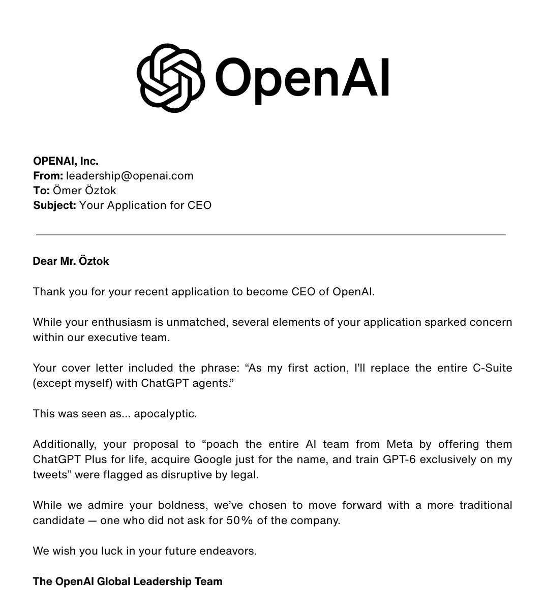 「我申请当 OpenAI CEO ，收到了一封拒绝信」