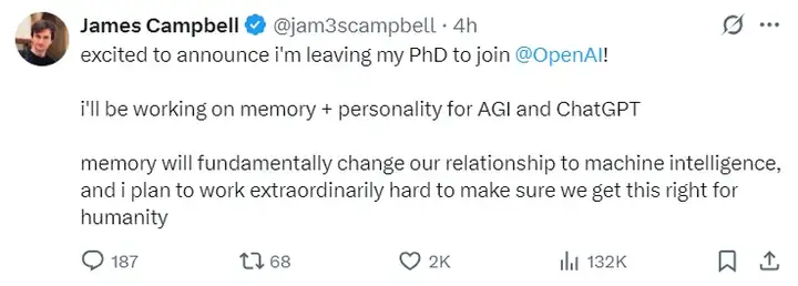 放弃博士学位加入OpenAI，他要为ChatGPT和AGI引入记忆与人格