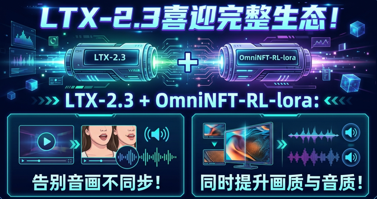 【closerAI ComfyUI】 LTX-2.3 迎来生态完全体！LTX-2.3 + OmniNFT-RL-lora：彻底告别音画不同步！同时提升画质与音质！