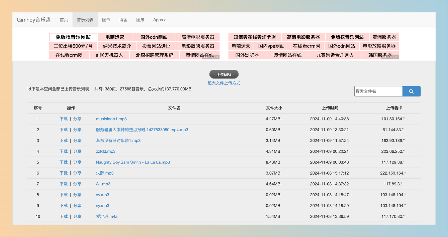 Gimhoy音乐盘：一个专注于音乐分享的网盘平台，用户可以随意上传和下载音乐，已累积数万首歌曲-墨桅博客
