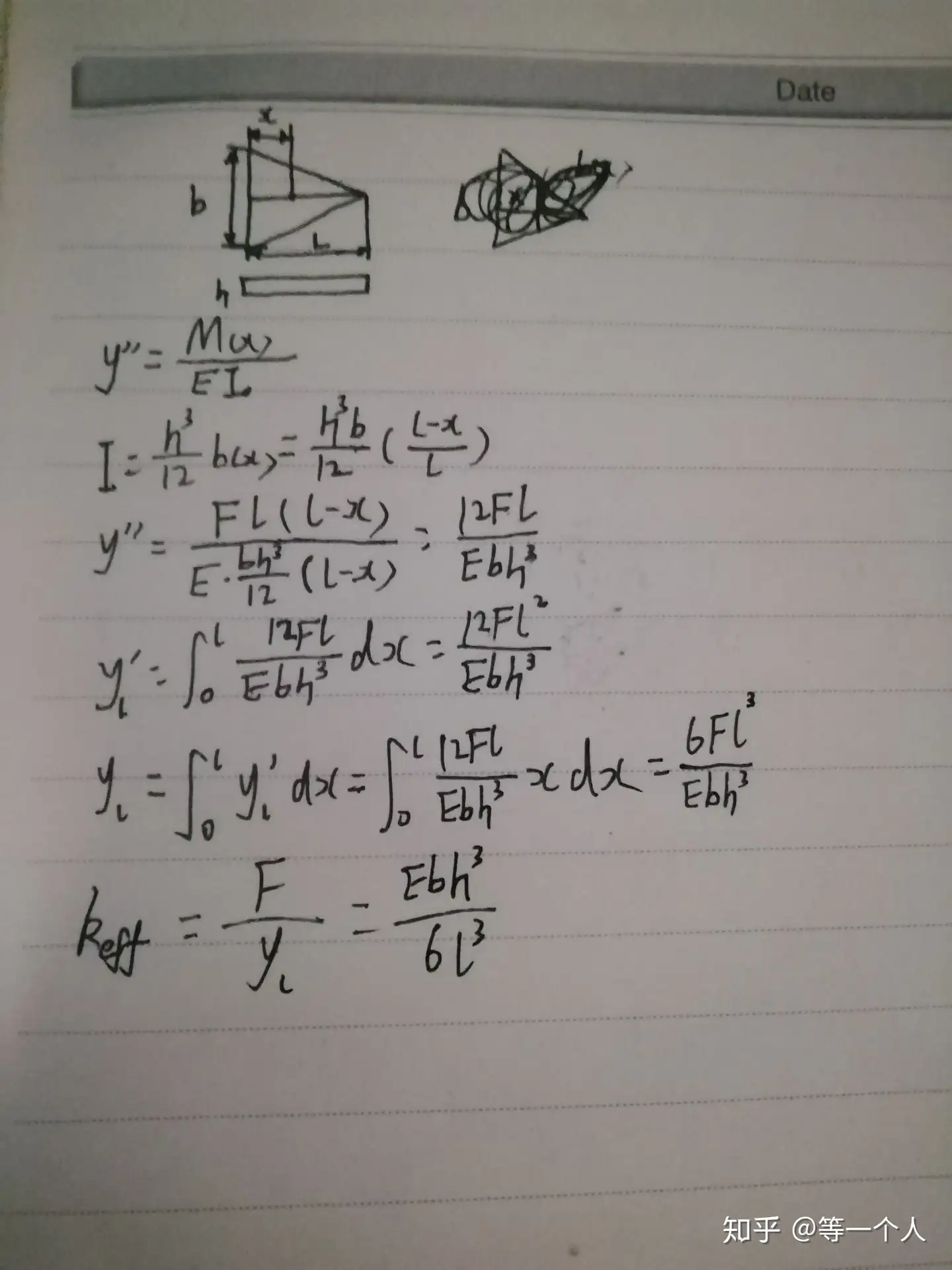 等强度悬臂梁的等效刚度k=(Ebh^3)/(6l^3)是怎么得出来的，为什么分母