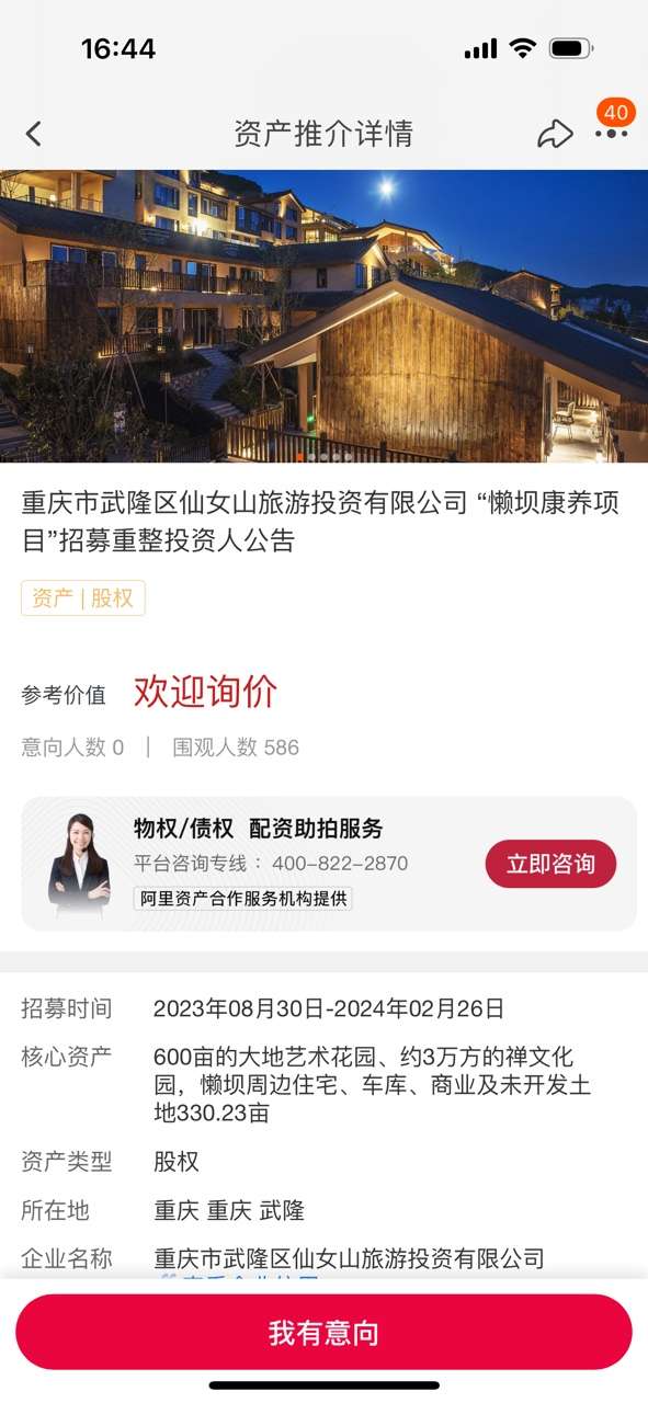 重庆仙女山旅投在阿里资产上公开招募“懒坝康养项目”投资人