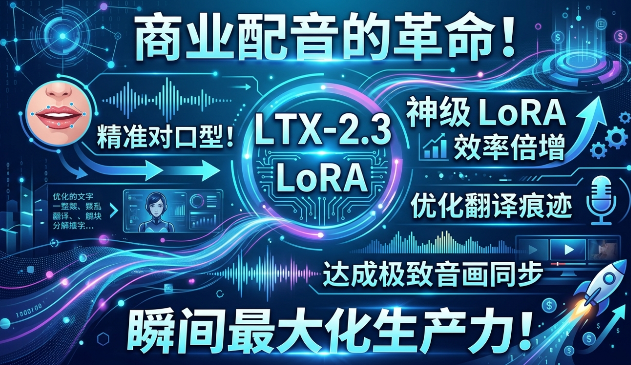 商业配音革命！精准对口型 ！LTX-2.3 神级 LoRA，效率翻倍，LTX-2.3 抹平翻译感，极致声画同步，生产力瞬间拉满！