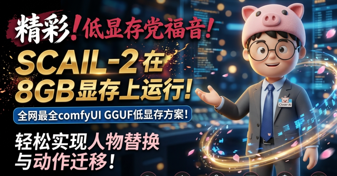 太棒了！低显存者福音，8G显存就能跑SCAIL-2！全网最全的comfyUI GGUF低显存方案！角色替换、动作迁移轻松实现！
