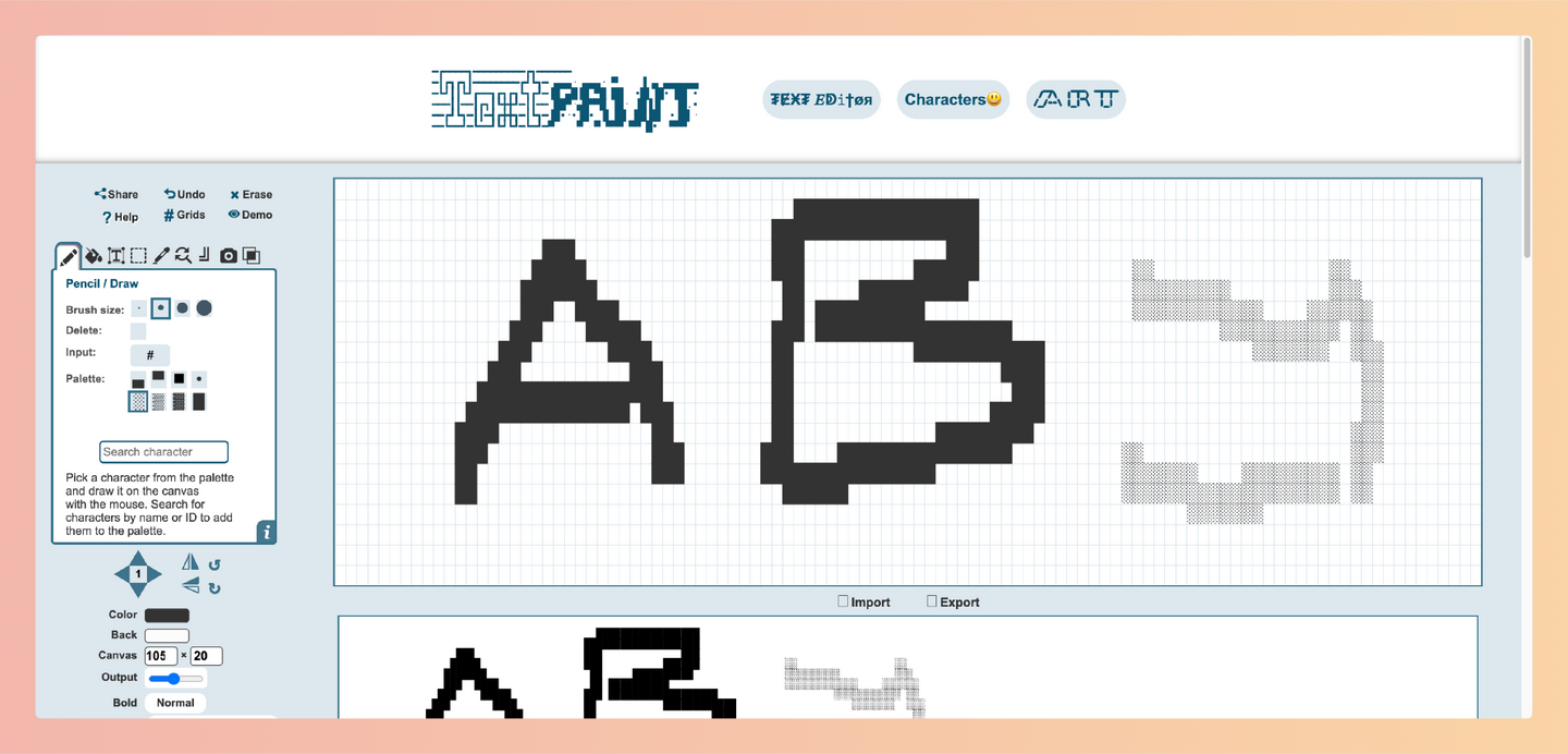 TextPaint:免费的在线文本艺术编辑器,用各种字符、符号和表情像画画一样创作出酷炫的文字图案、ASCII 艺术作品