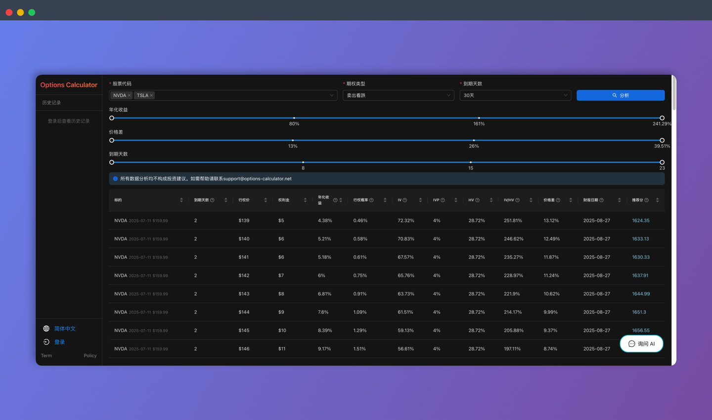 Options Calculator:一款基于 AI 算法的智能期权交易工具,可快速扫描和对比多标的期权,筛选高性价比机会,并提供清晰的交易建议