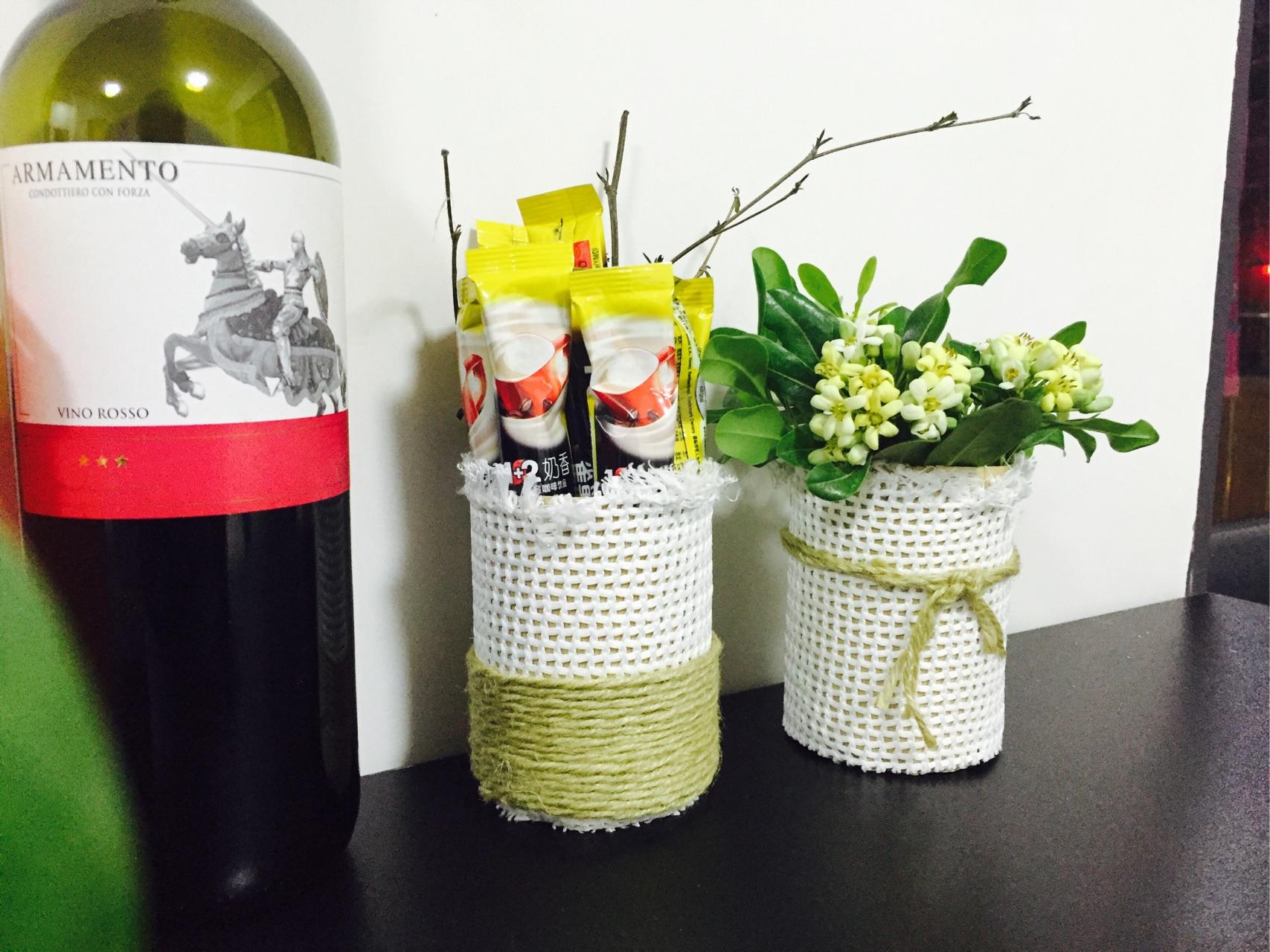 做的易拉罐自制两个小花瓶,用我家汪入镜.