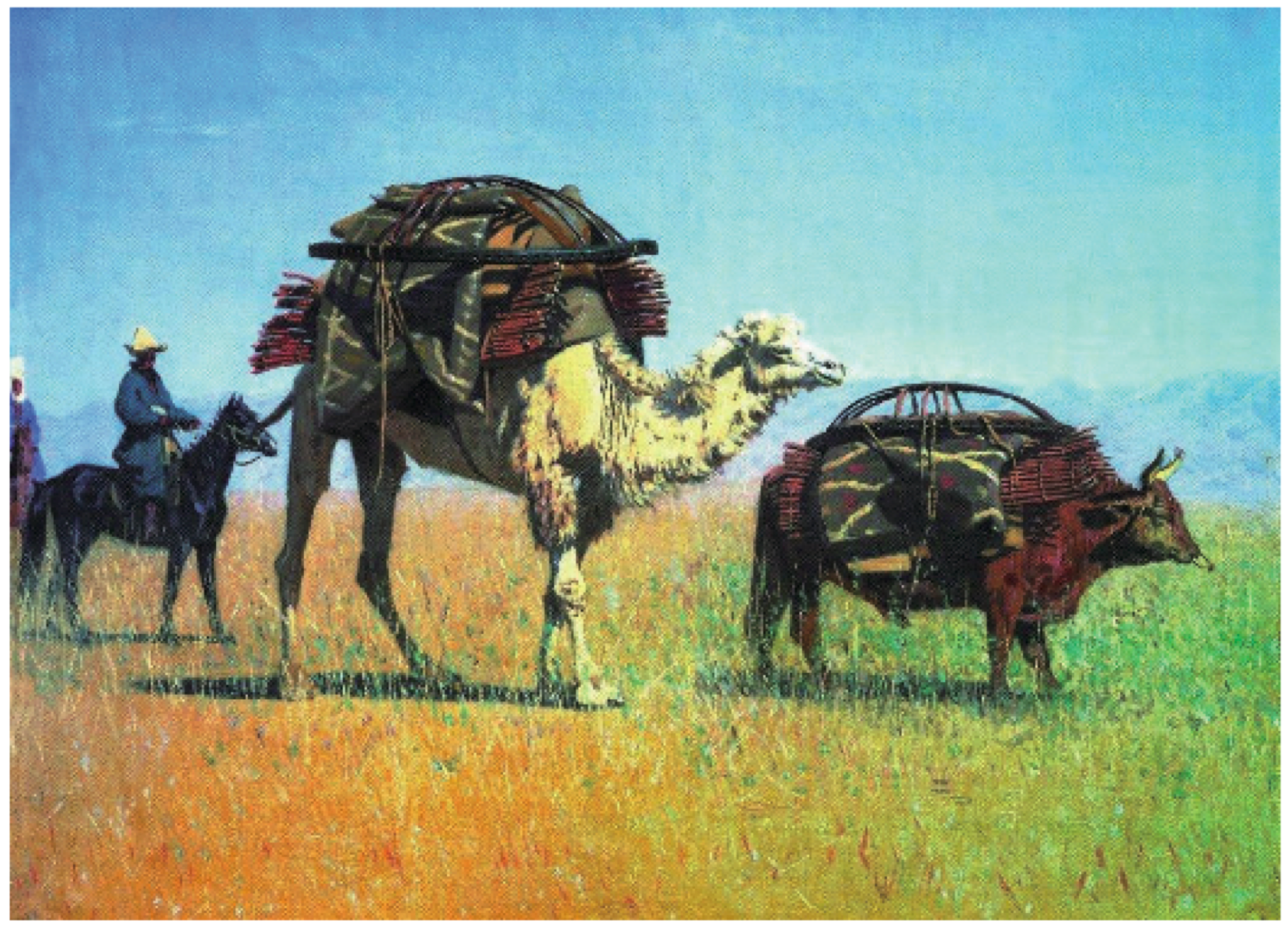 【图 1-5-1 维列夏金油画:迁徙中的哈萨克牧民】