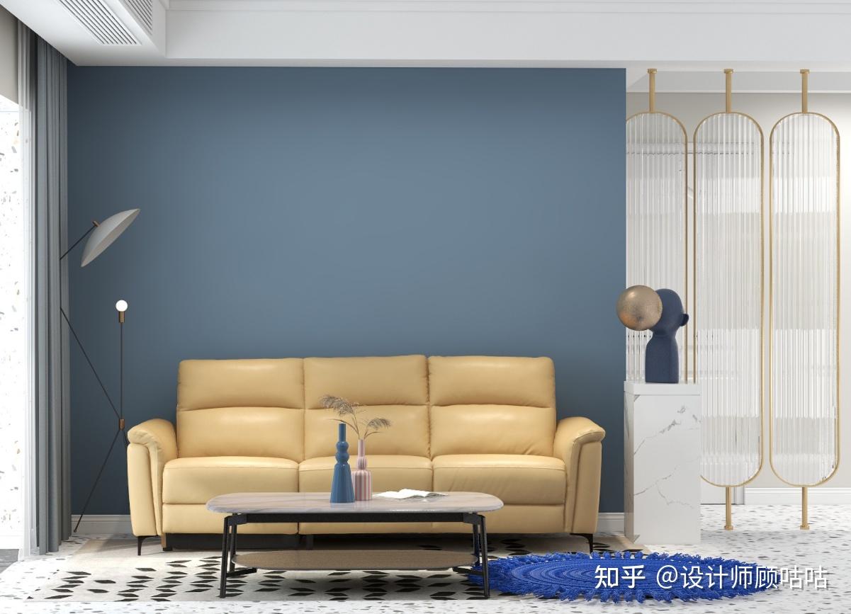 请问这种蓝灰色背景墙搭配什么颜色沙发好看