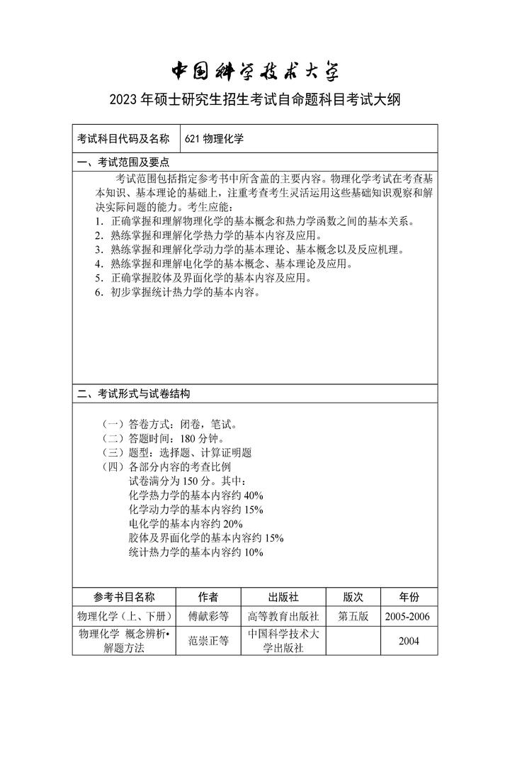 2023年中国科大硕士621 物理化学考试大纲- 知乎