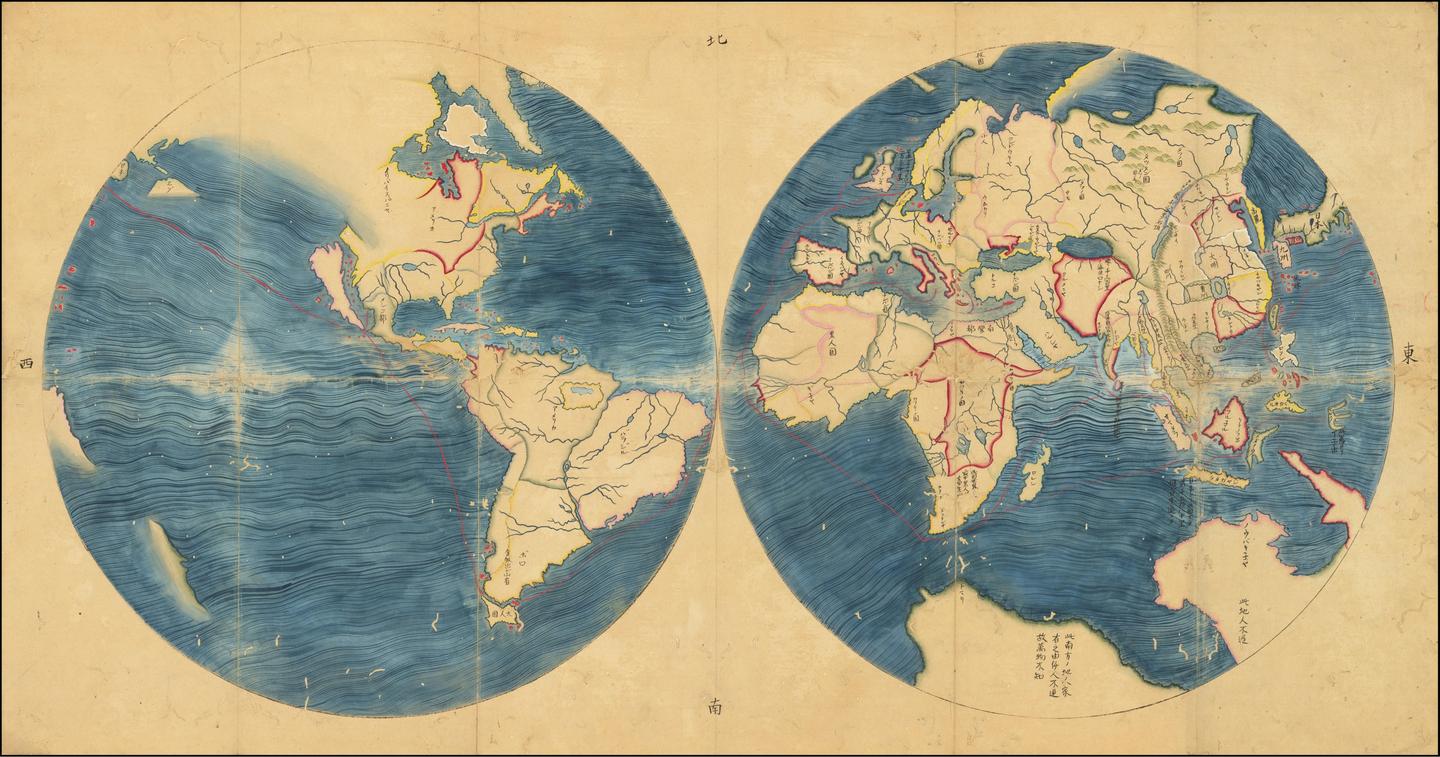 古地图分享：18世纪日本人绘制的双半球手稿世界地图- 知乎