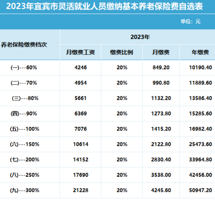 四川灵活就业养老保险缴费档次一览表(内江,宜宾,巴中)