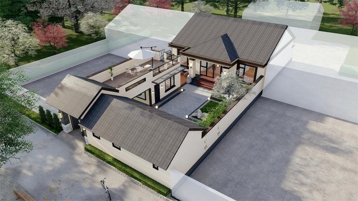 山西运城丨12×31m一层新中式别墅,4室3卫还带车库大庭院