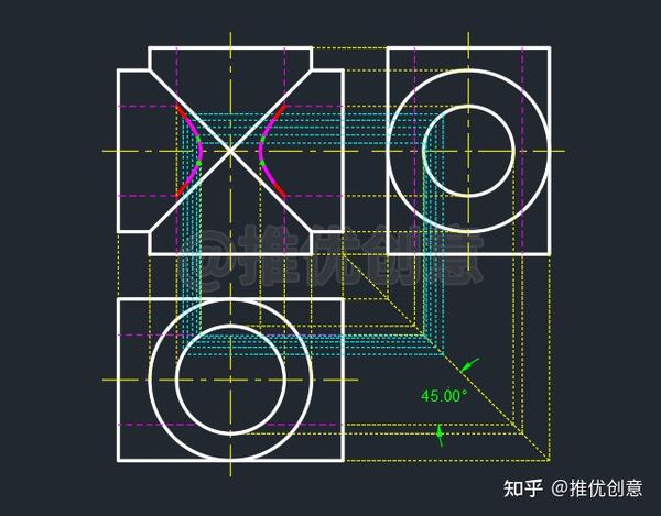 工程图学中两空心圆柱相交三视图怎么画?