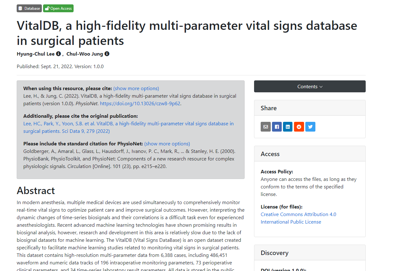 Sign Surgery Database VitalDB, a high-fidelity multi-parameter vital signs database in ...