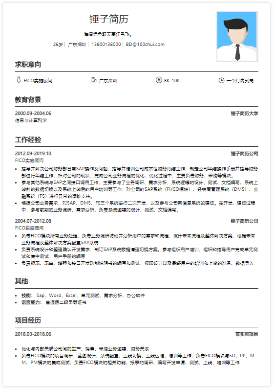 fico实施顾问简历模板在线简历案例锤子简历
