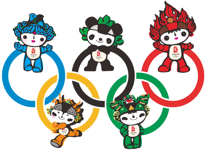 五种颜色代表着奥运五环,头部纹饰使用了中国新石器时代的鱼纹图案的