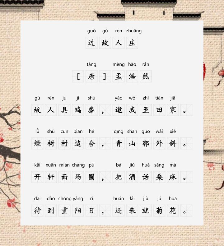 《过故人庄》 孟浩然 〔唐代〕 故人具鸡黍,邀我至田家。 绿树村边合,青山郭外斜。 开轩面场圃,把酒话桑麻。 待到重阳日,还来就菊花。 - 知乎