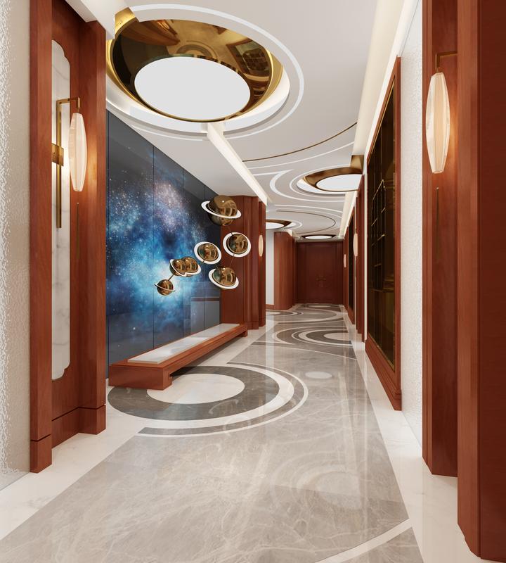 镜面钛金不锈钢圆形灯罩,曲面金属吊顶表面处理细节