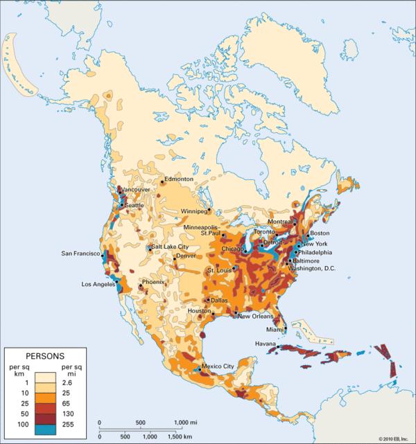 北美洲人口分布图图片