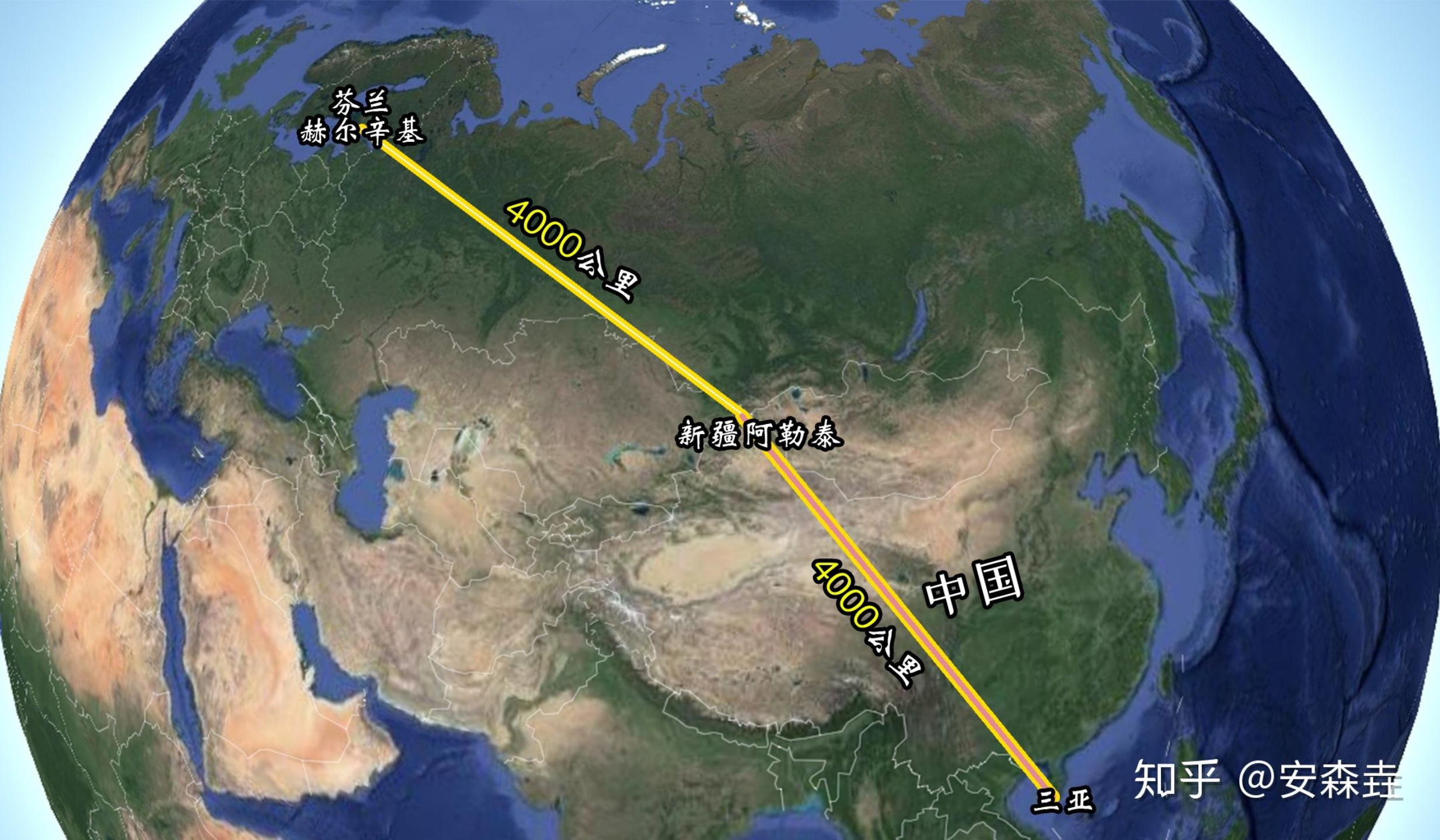 图 11：新疆的阿勒泰，到海南三亚的距离几乎与和芬兰相同