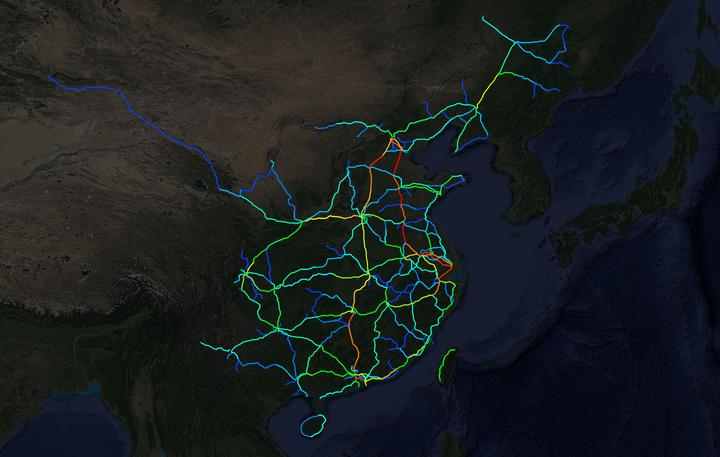 全国高铁网车次密度示意图 2024年1月