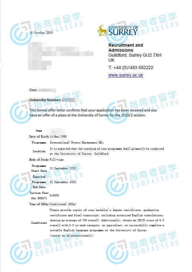 萨里大学国际会展管理理学硕士研究生offer一枚