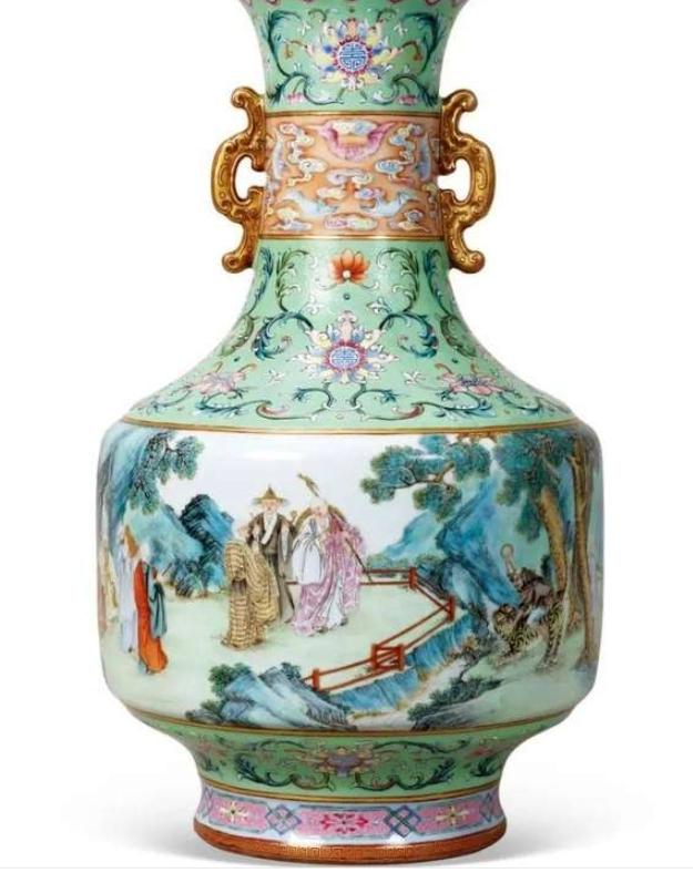 1804C45075】中国古董品 清 時代唐物 粉彩『福祿寿』双耳樽 賞瓶 中国