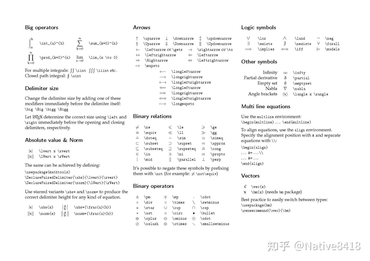 Latex Math 速查手册 - 知乎