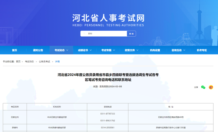 河北省2024年度公务员录用省市县乡四级联考暨选拔选调生考试各考区笔试考务咨询电话和联系地址 - 知乎