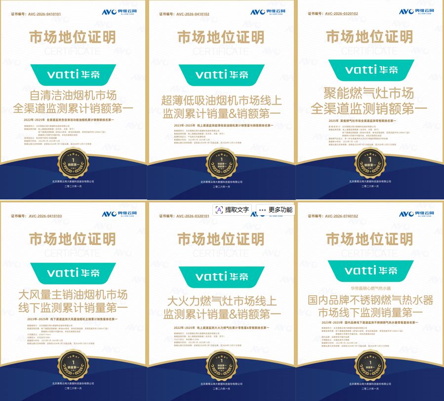 华帝四大品类齐登销量TOP1,用权威认证印证厨电领军实力