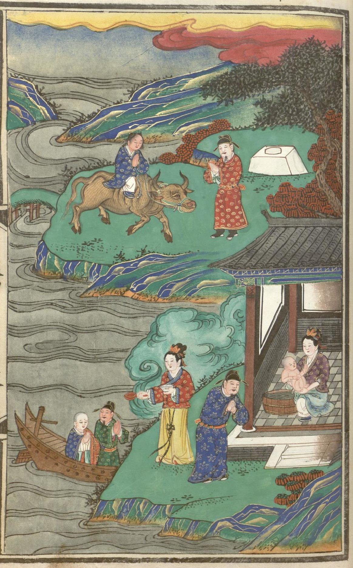 明清彩绘与版画《释氏源流应化事迹》12：前世今生：三生石、悟达人面疮、诸葛亮转生韦皋，白居易见鸟窠【高清大图】 - 知乎