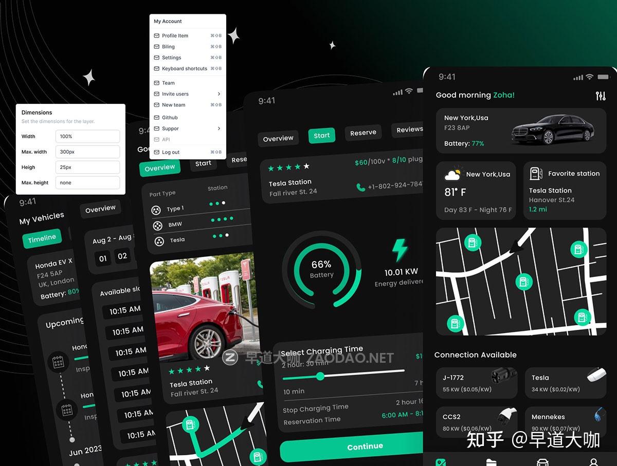 45+屏暗黑电动汽车共享公共充电桩充电站app ui界面设计figma模板套件 EVCharge Link – EV Charging ...