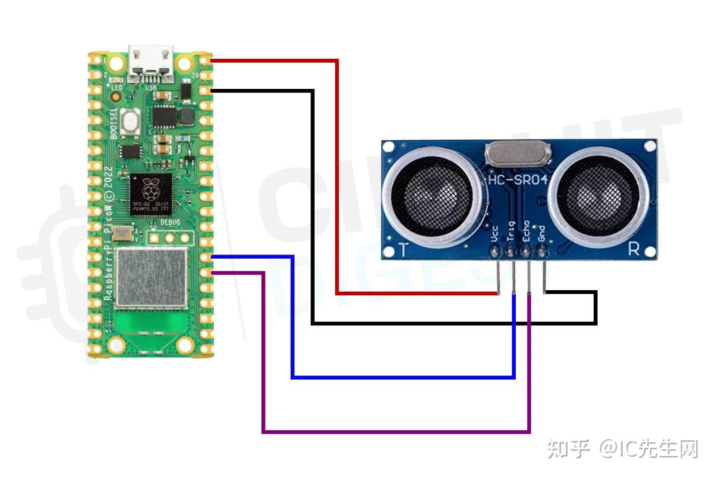 将Raspberry Pi Pico W与超声波传感器连接电路示例 - 知乎