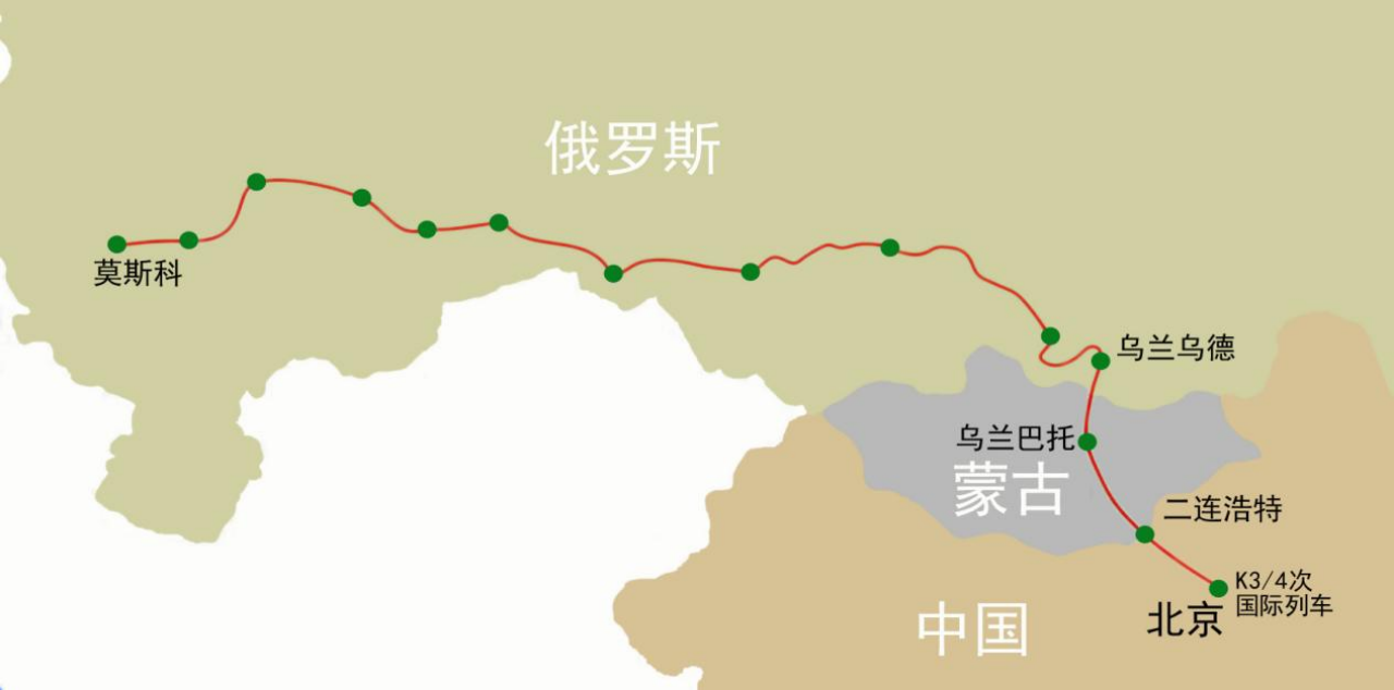 k3/4 次国际列车简易线路图