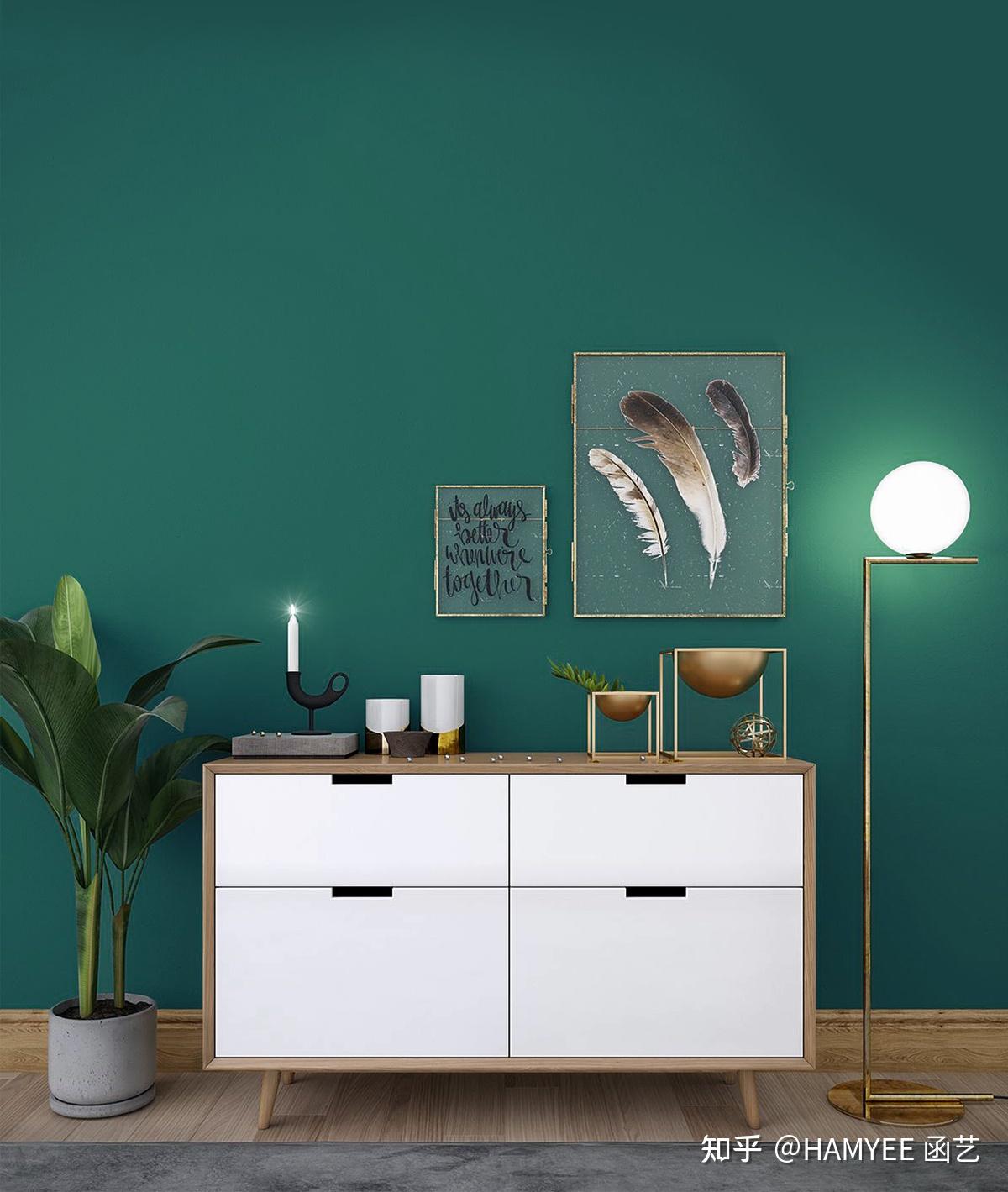 孔雀绿沙发想换个颜色墙面和后期的挂画请问有什么最佳搭配呢