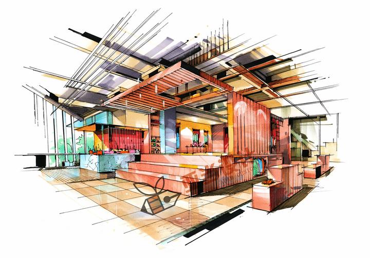 马克笔手绘室内吧台上色完整稿